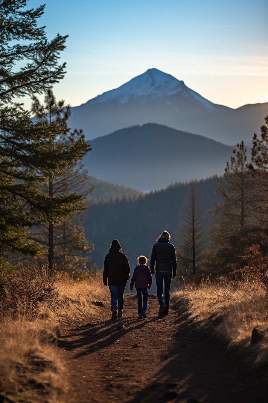 Family hiking trail with mountain in distance