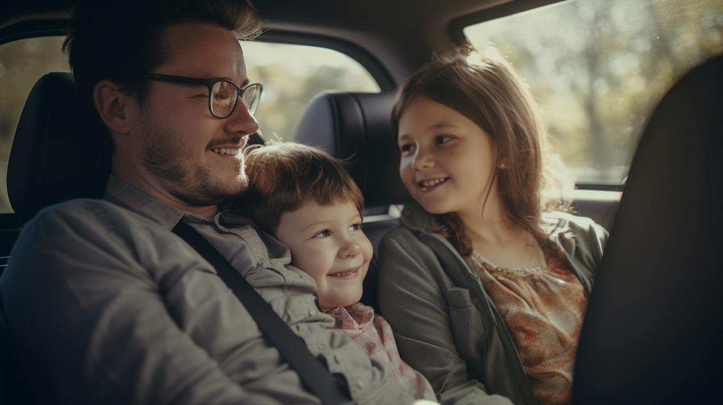 Family sitting inside car, realistic photo