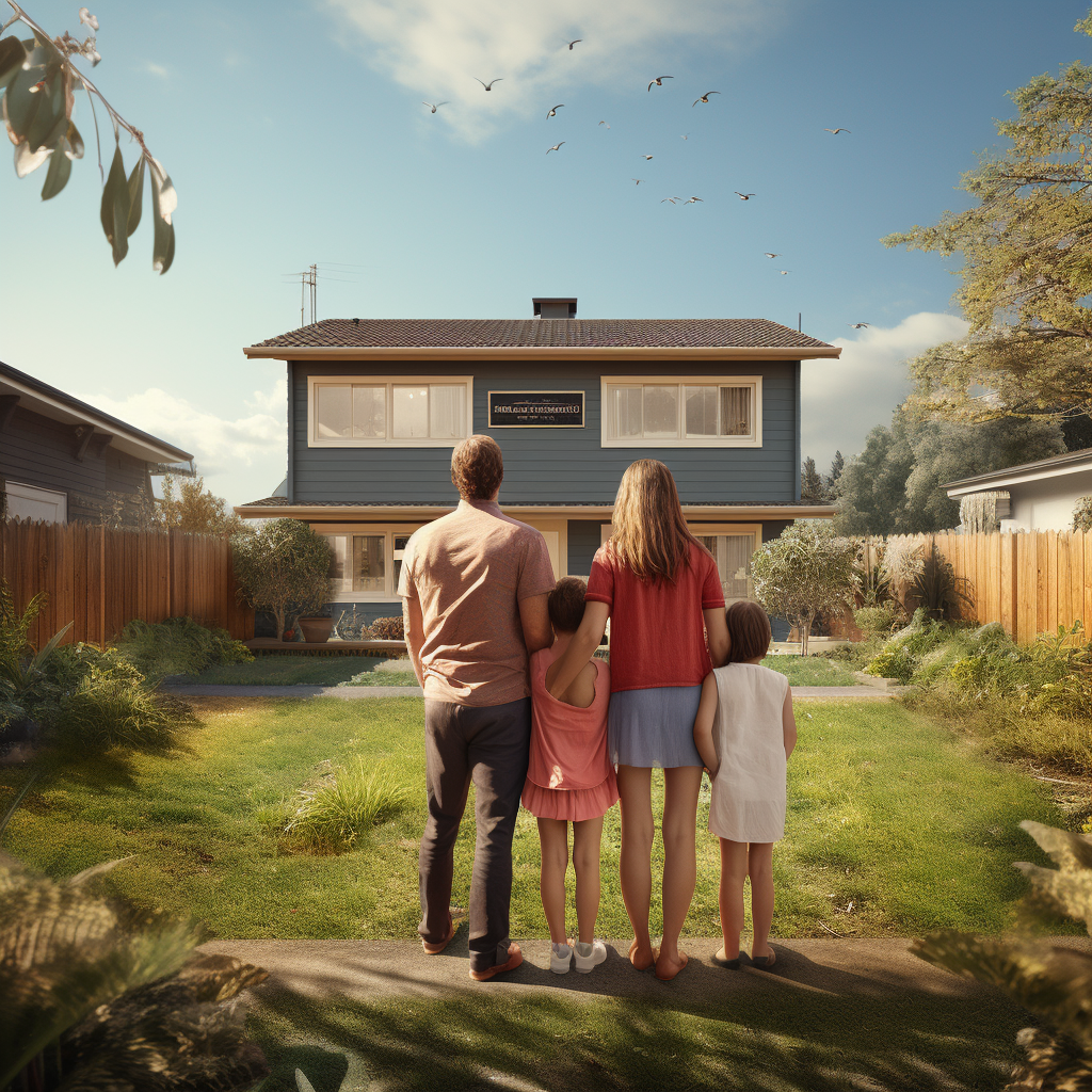 Family standing near for sale sign