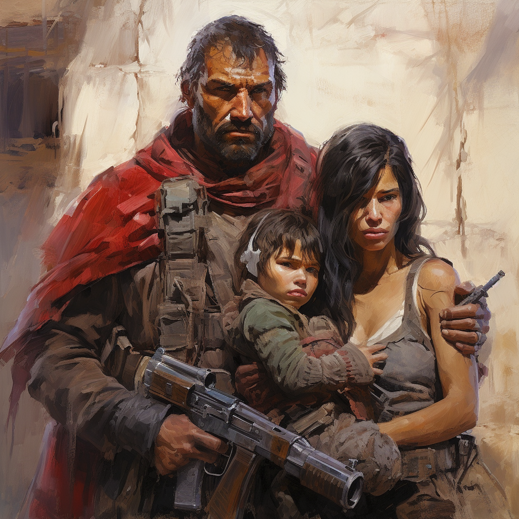 Warrior family - rugged man, woman with baby and dagger