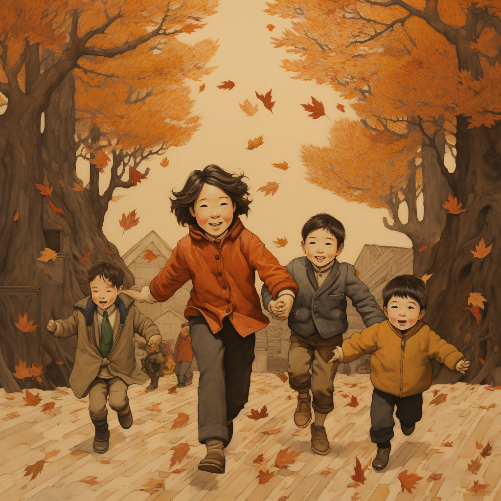 Family walking with boys amidst falling leaves