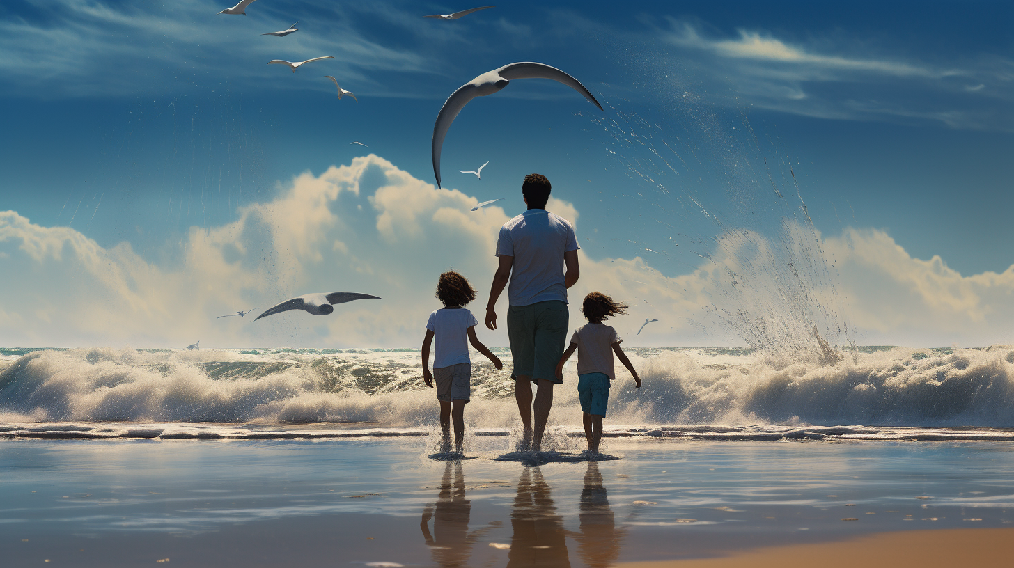 Family walking along the sea shore