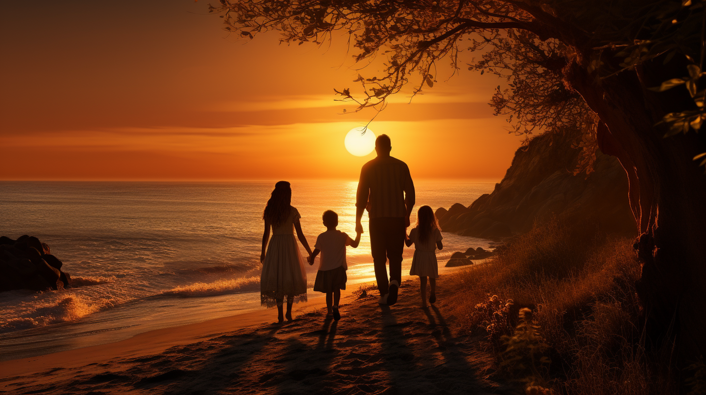 Family walking along beach trail