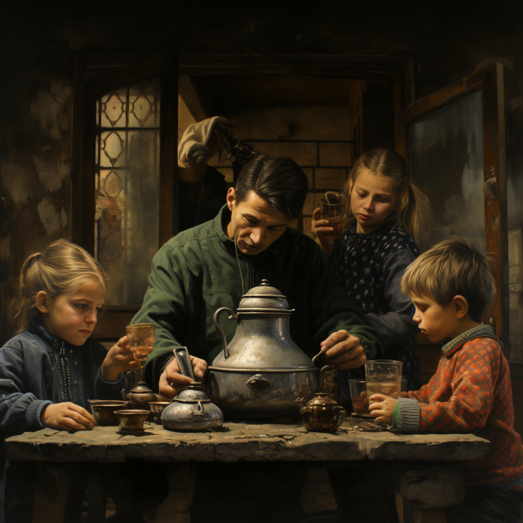 Family Brewing Tea Samovar Civilians