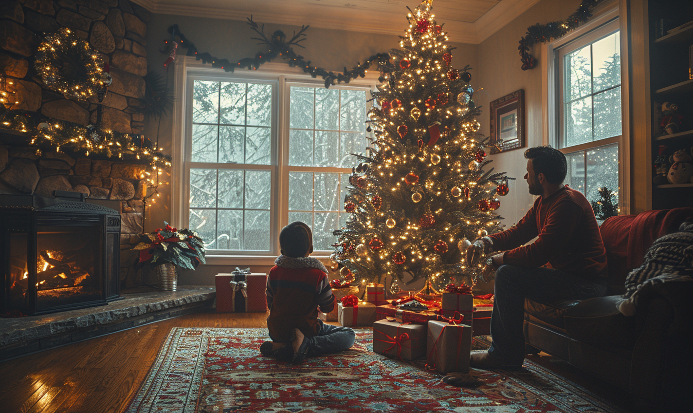 Family wrapping ornaments Christmas tree