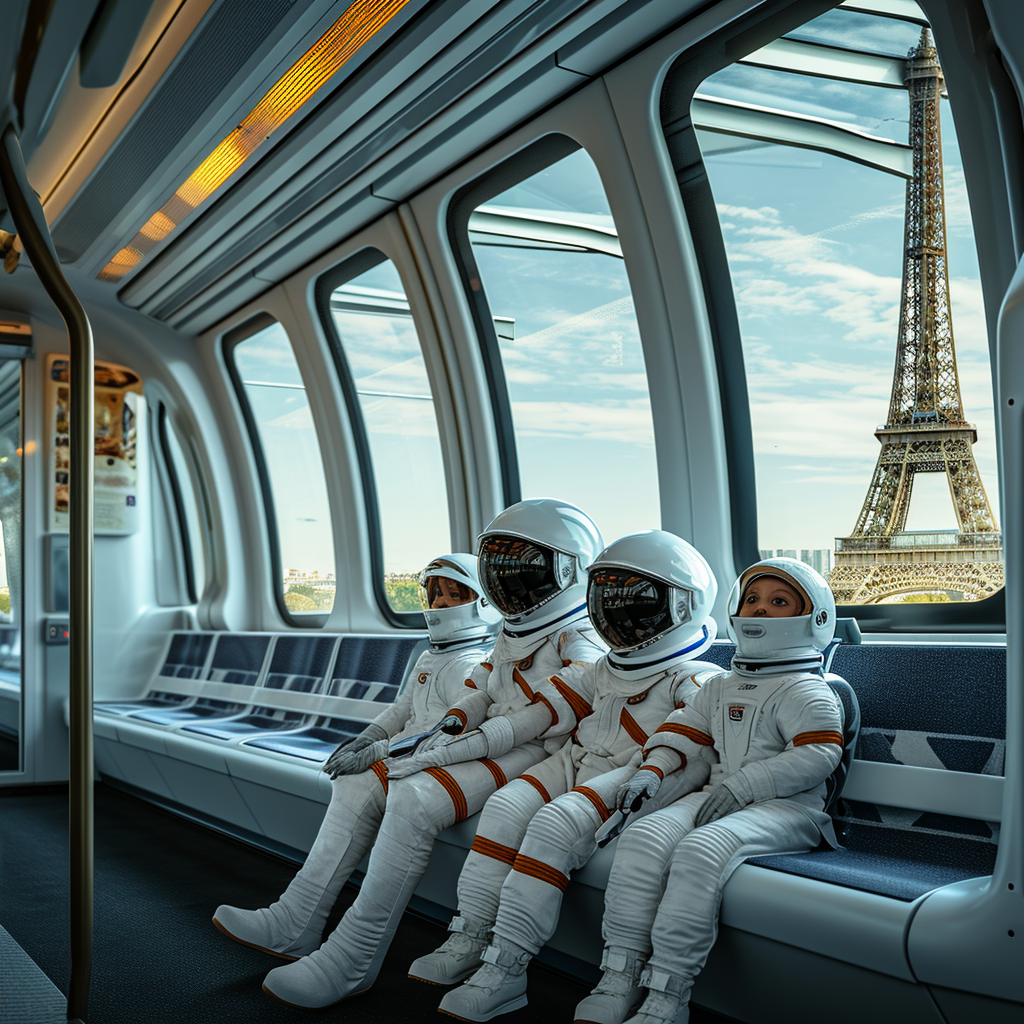 Family of Four Astronauts in Modern Train Paris