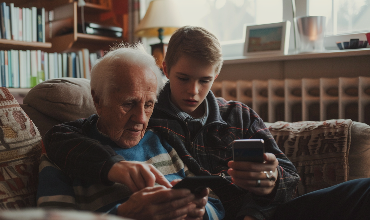 Younger family member teaching elderly person smartphone