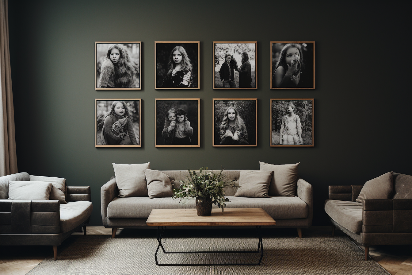 Black Frame Family Portraits on Lounge Wall