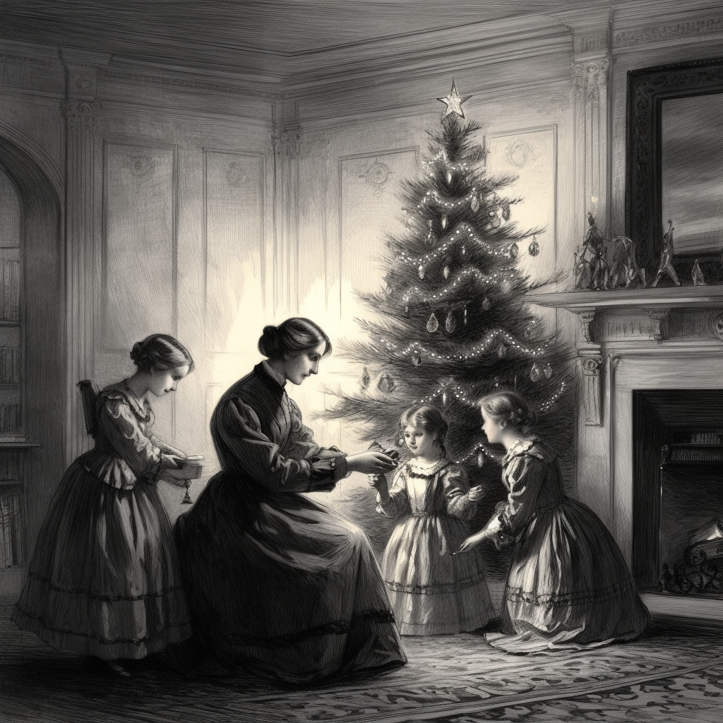 Engraving sketch of family around Christmas tree