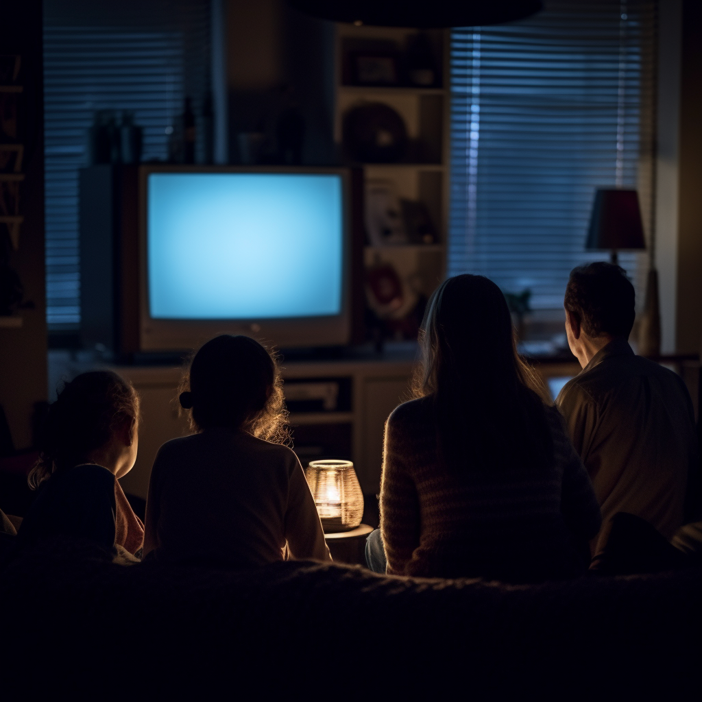 Family enjoying TV together at night