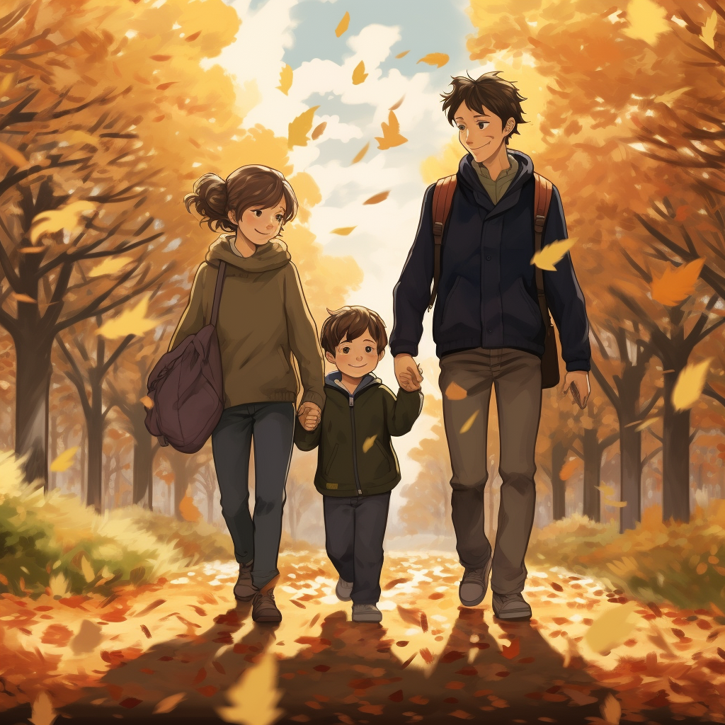 Smiling family walking among fallen leaves