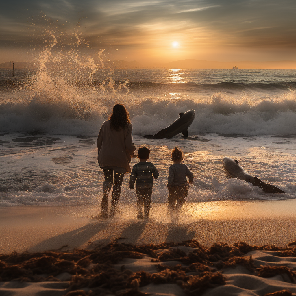 Family walking along the seashore with crashing waves