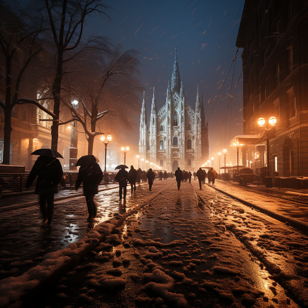 Snowfall at famous church in Milano