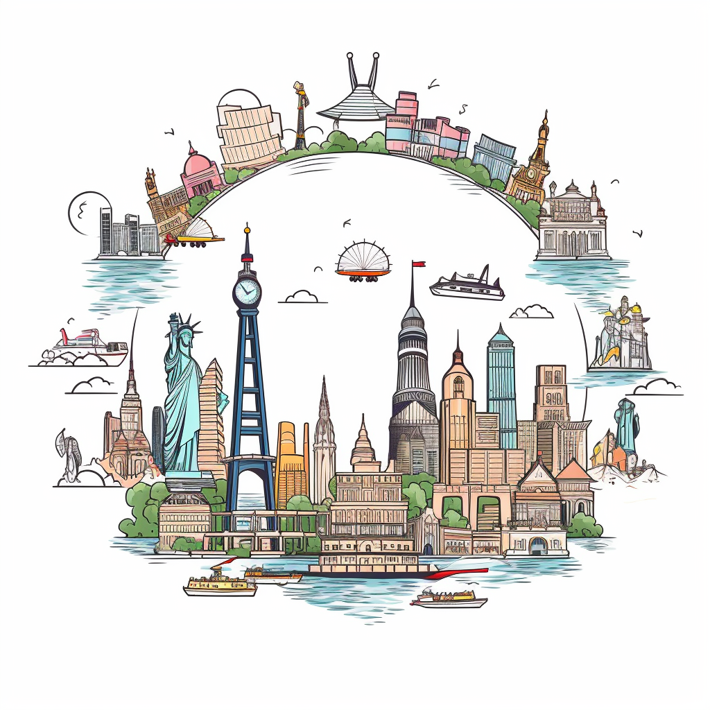 Cute doodle vector icons of famous landmarks