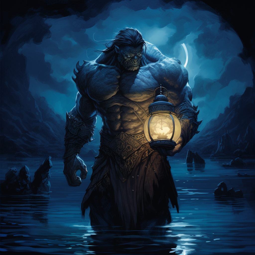 Muscular man with knight armor holding blue lantern