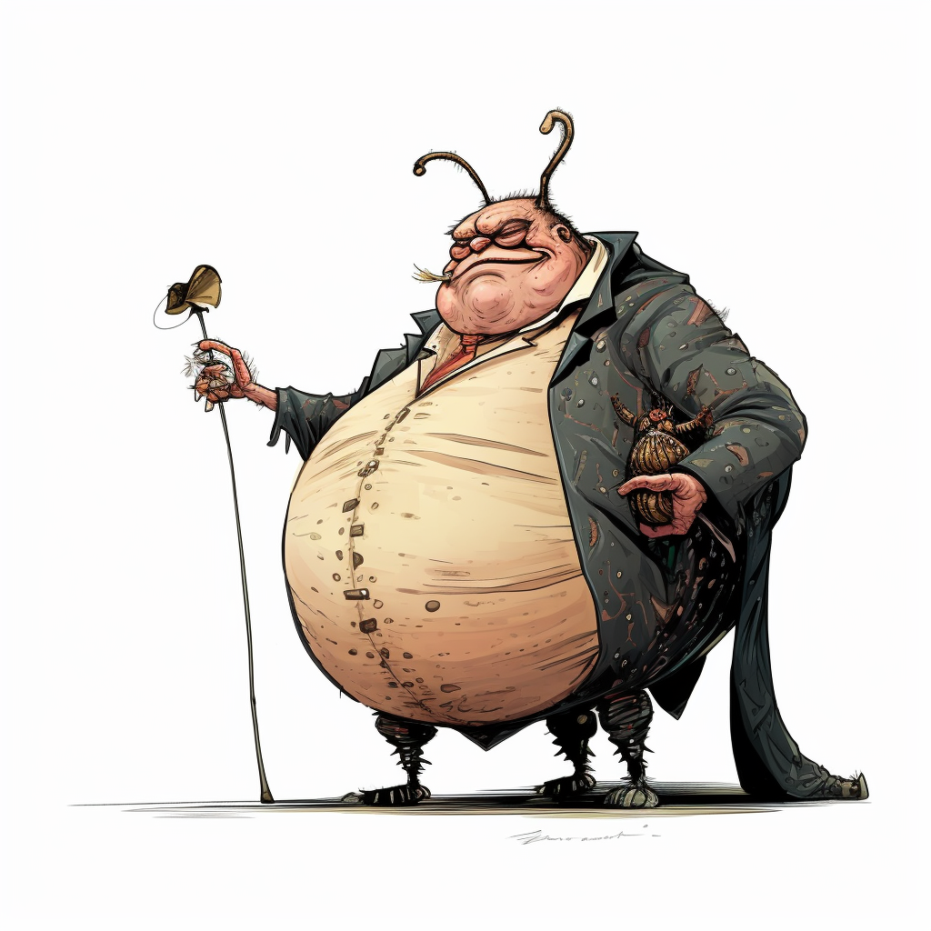 Illustration of a slimey and scary fancy obese insect man with a cane