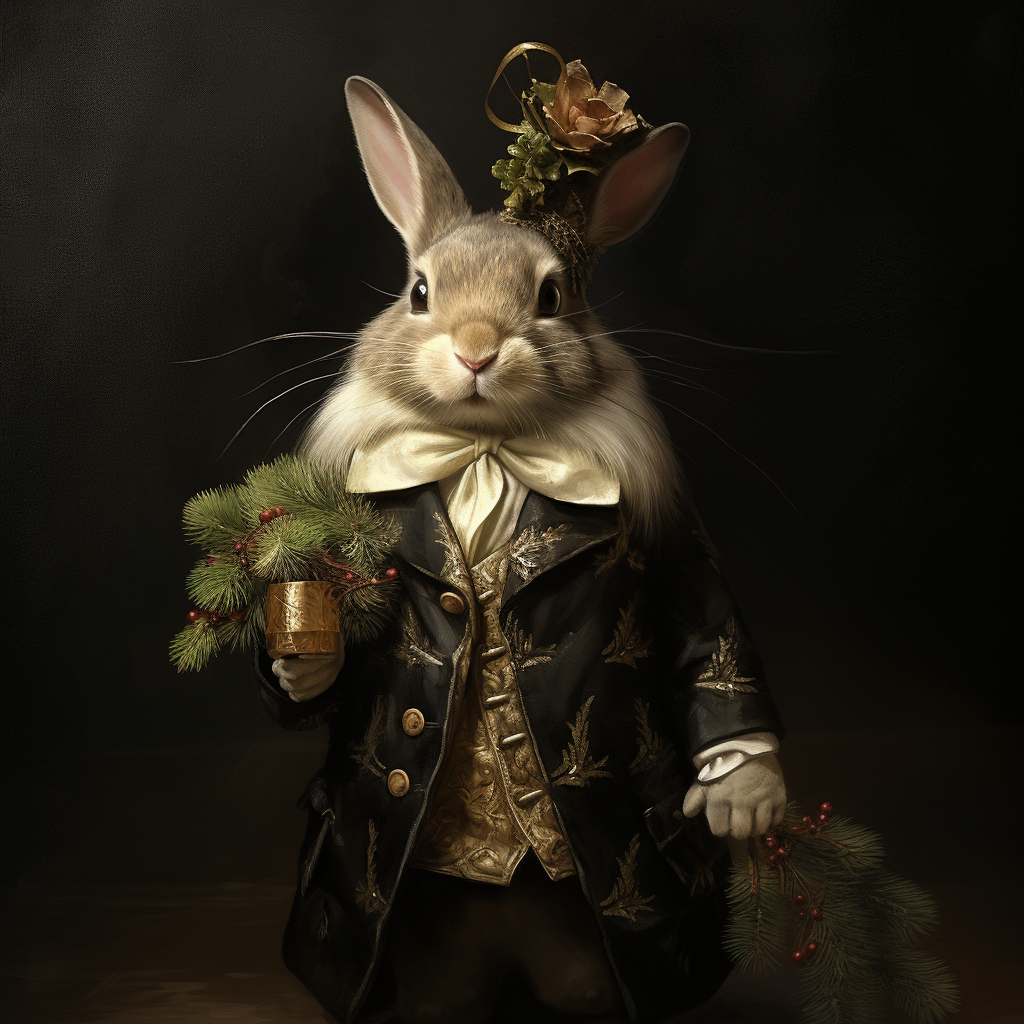 Male rabbit in fancy velvet traveling coat and hat