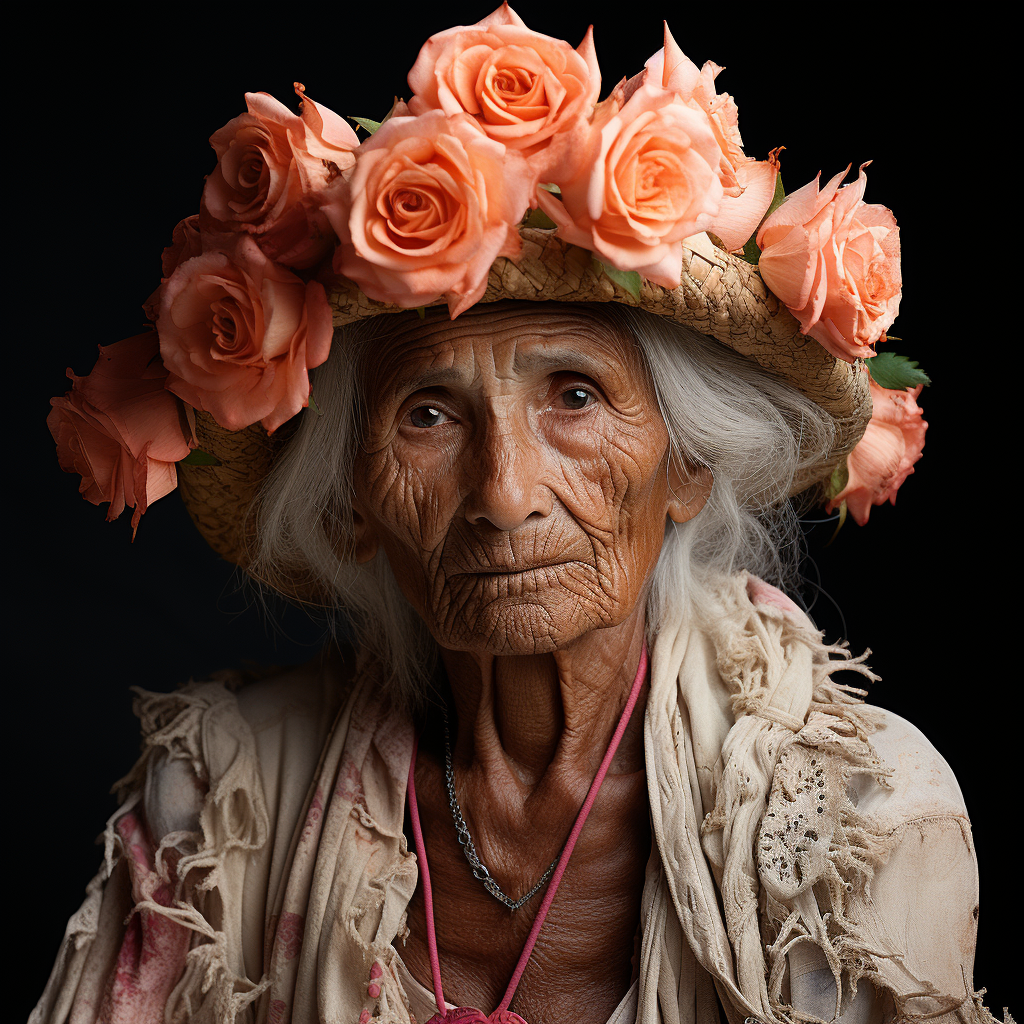 Elegant old woman wearing a fancy white hat and wilted flower