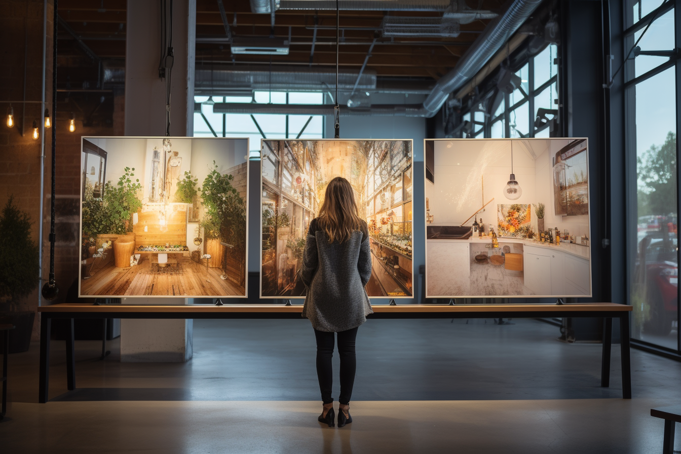 Woman in fancy design studio with beer bottle posters