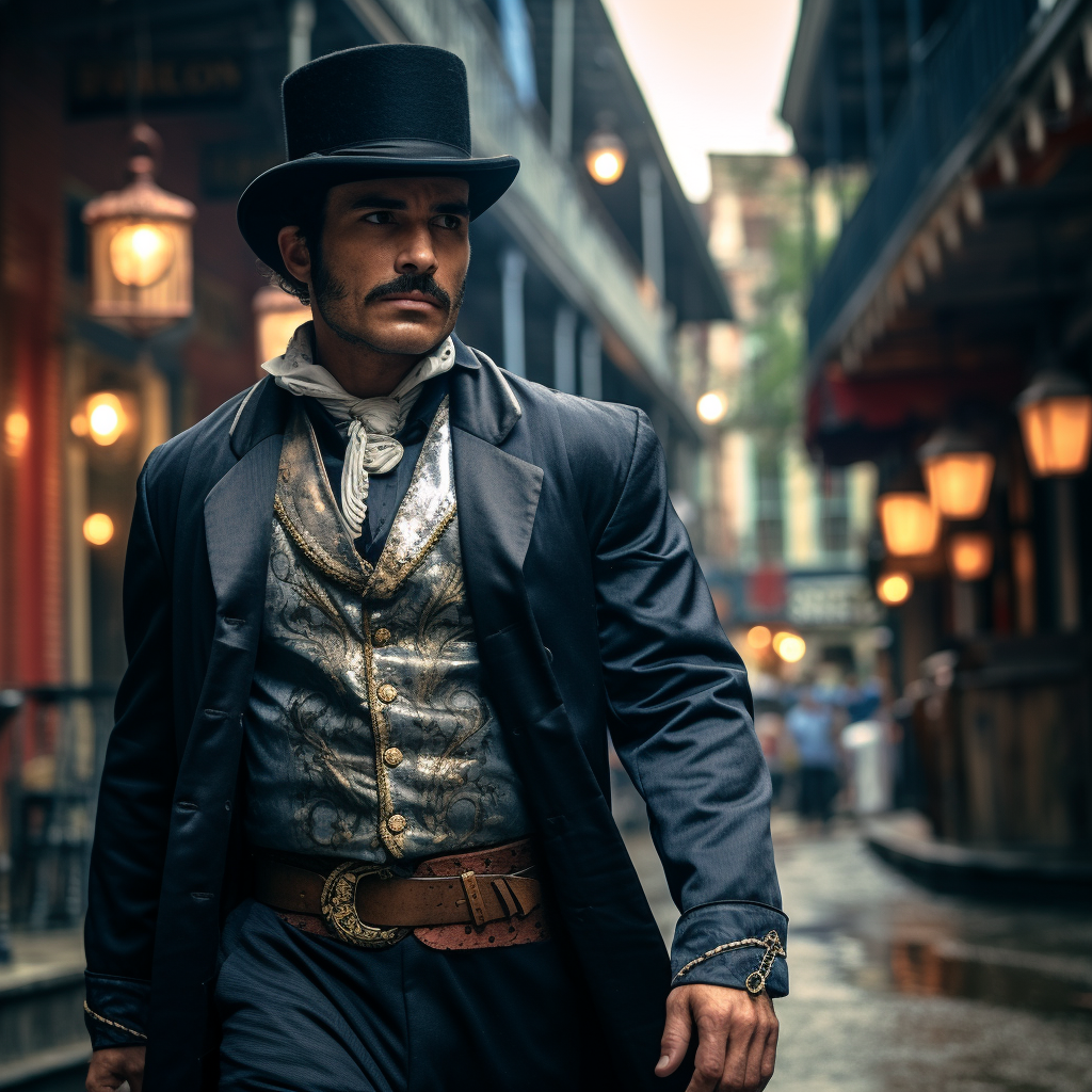 Fancy dressed sheriff on 1850s Bourbon Street