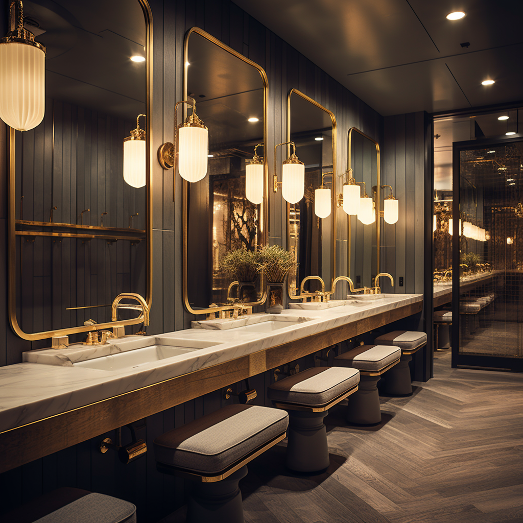 Fancy restaurant bathroom with gray wooden stalls