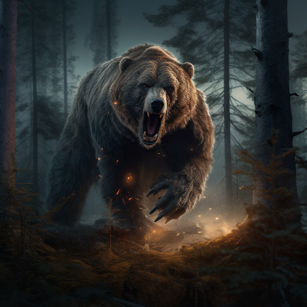 Terrifying fantasy aggressive grizzly bear in German woods