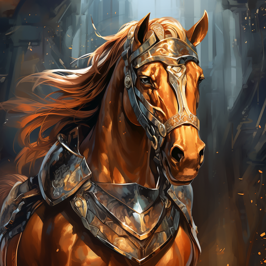 Chestnut war horse in armor