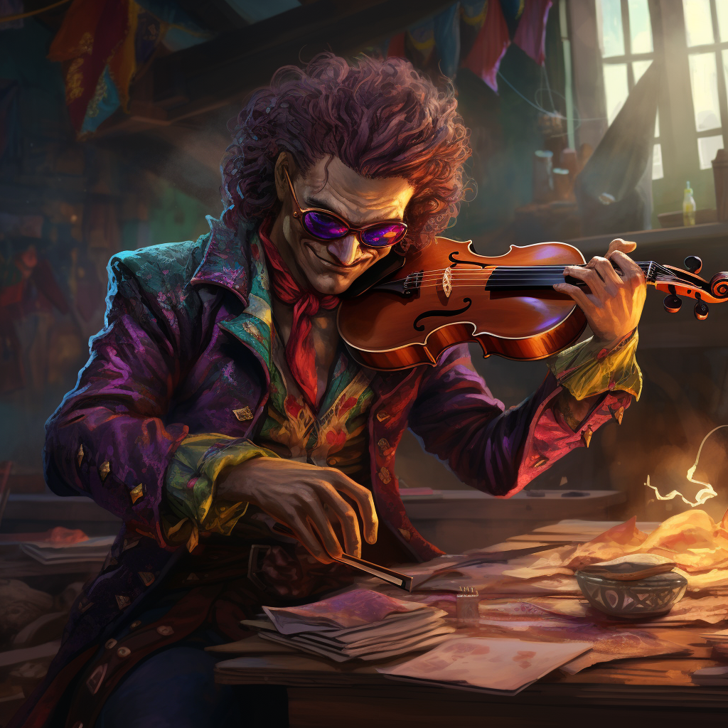 Colorful fantasy bard playing fiddle on table