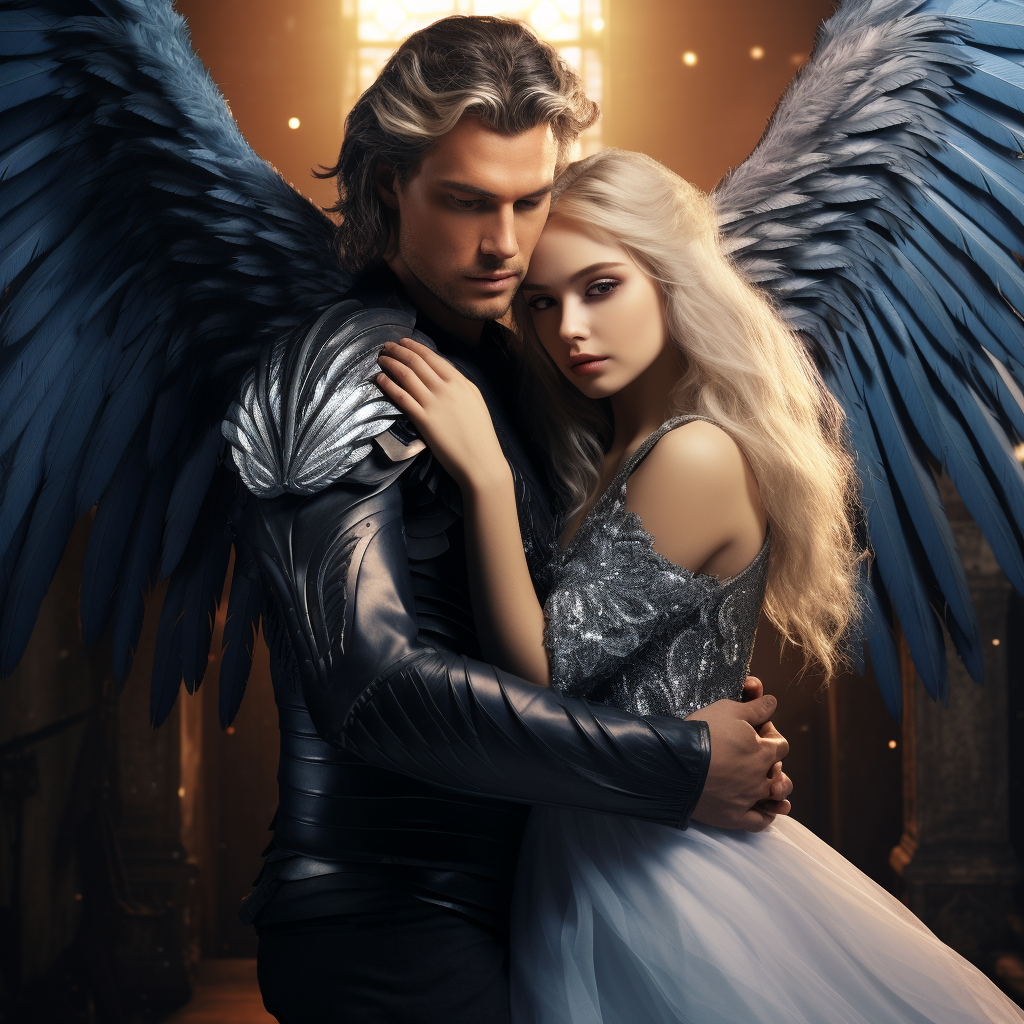 Blonde man embracing woman with beautiful wings