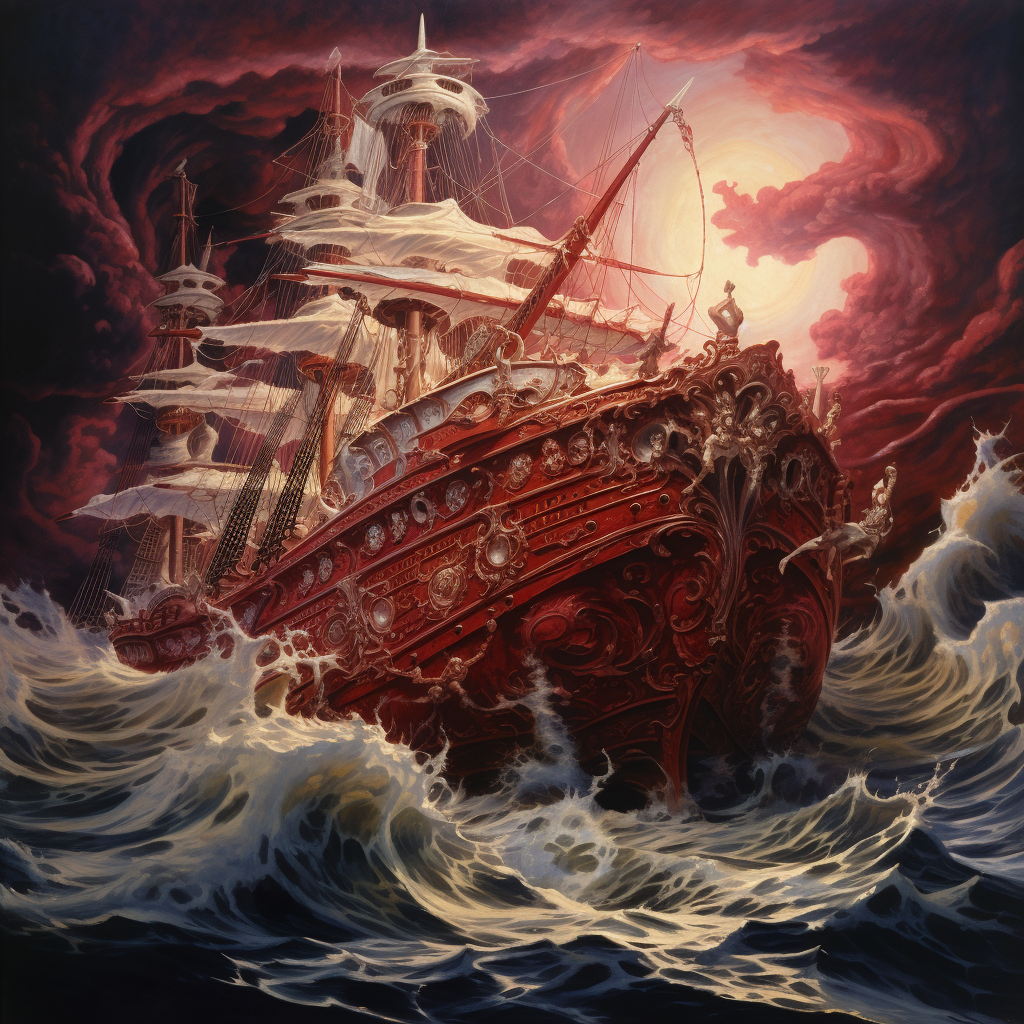 Red and white boat ship painting