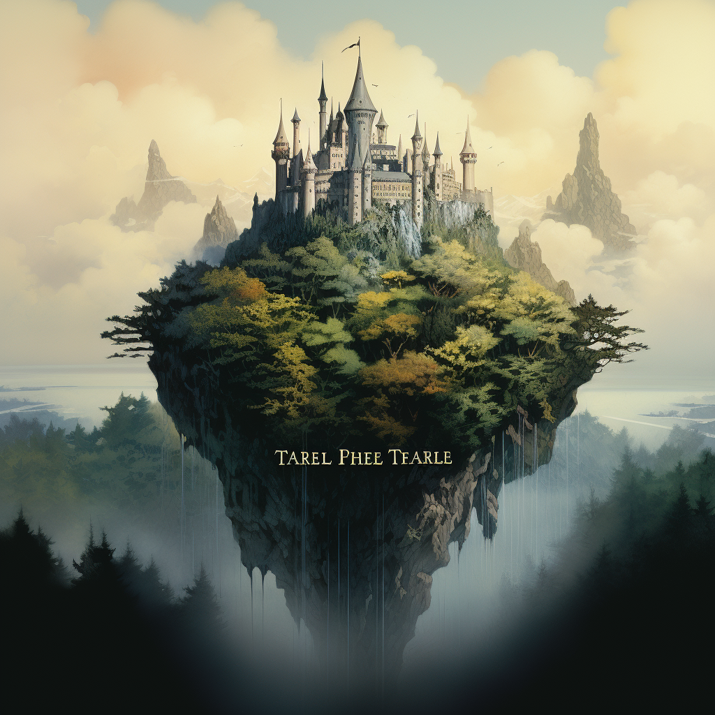 Dark fantasy book cover art with floating island castle