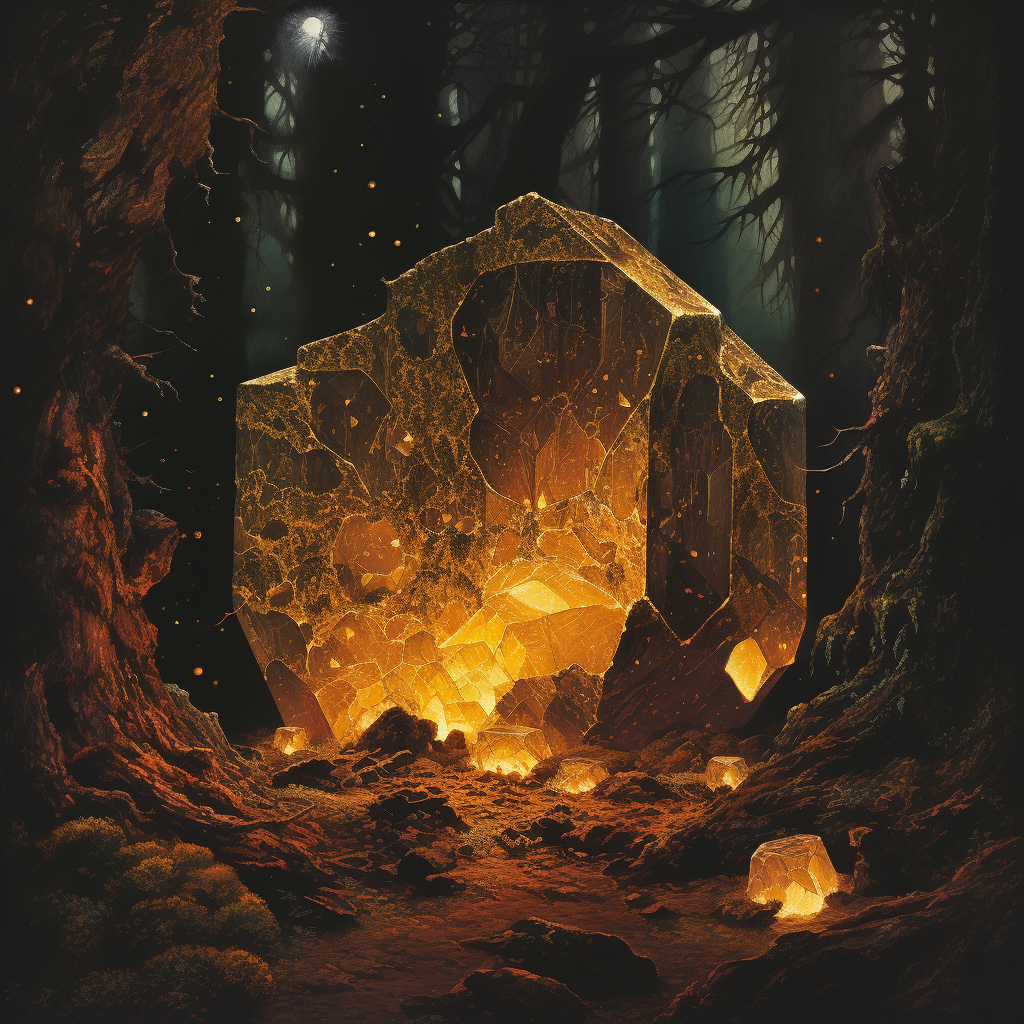 Dark fantasy book cover with boulder, tree, and golden lights