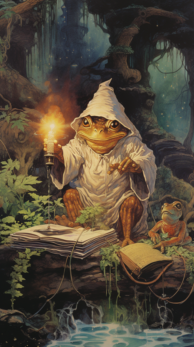 Illustration of a Frog mage finding ingredients