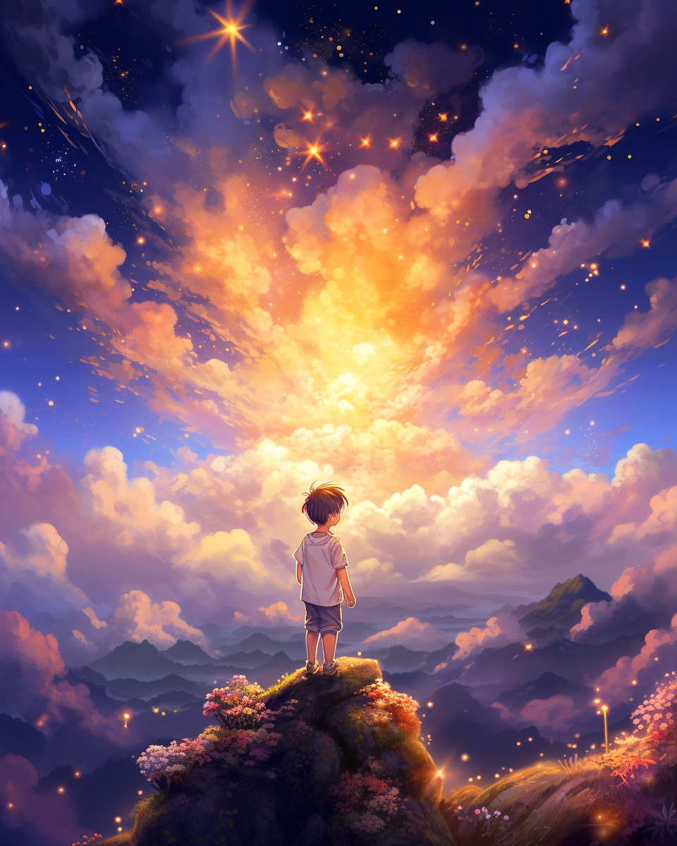 Boy on Cloud with Stars