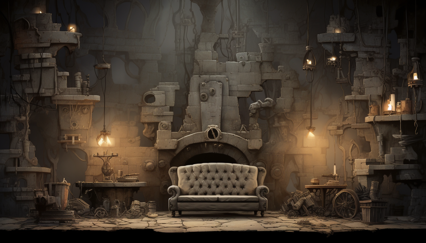 Illustration of an office room in a fantasy castle with couches and a map