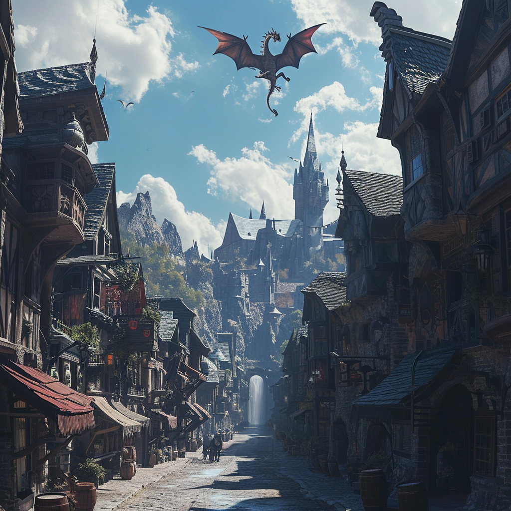 Fantasy city with dragon flying above