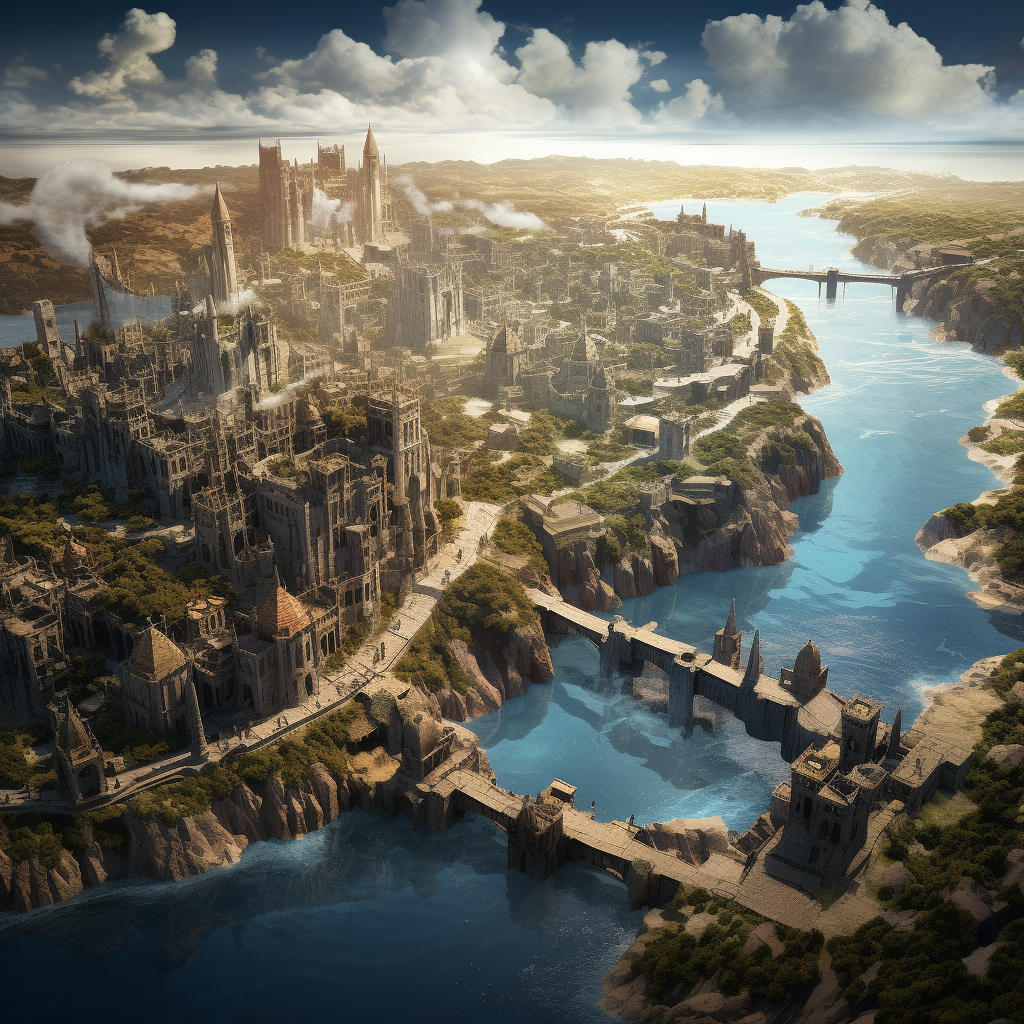 Aerial View of Fantasy Coastal City with Rivers