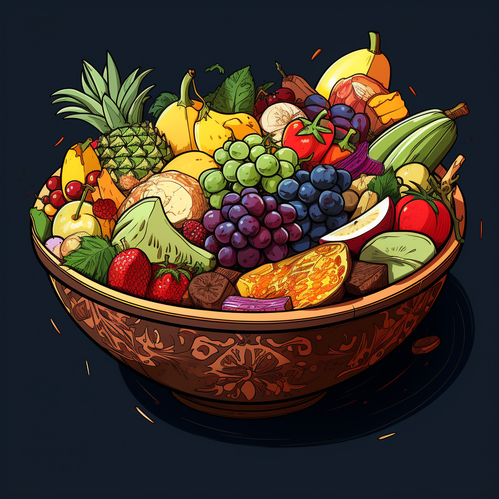 Exotic fruits in wooden bowl illustration