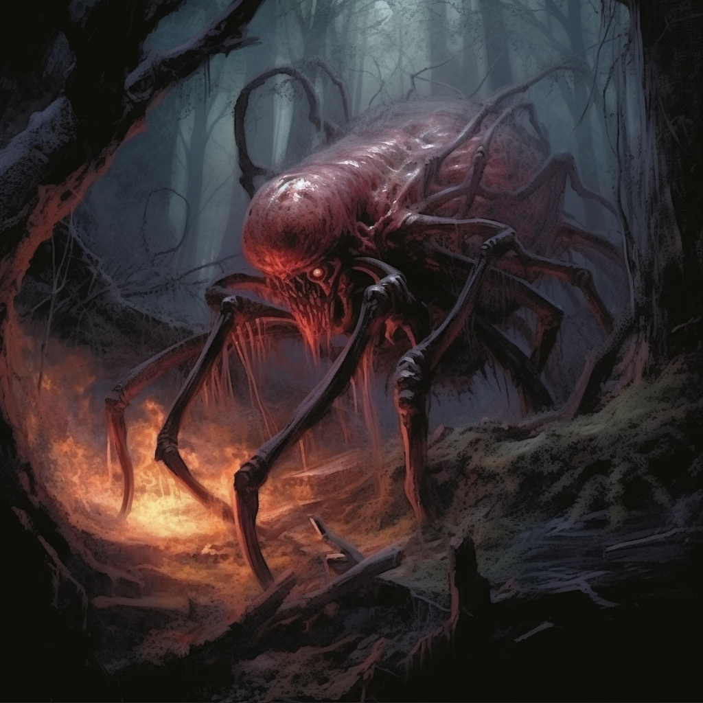 Illustration of dangerous beasts in a dark fantasy wood