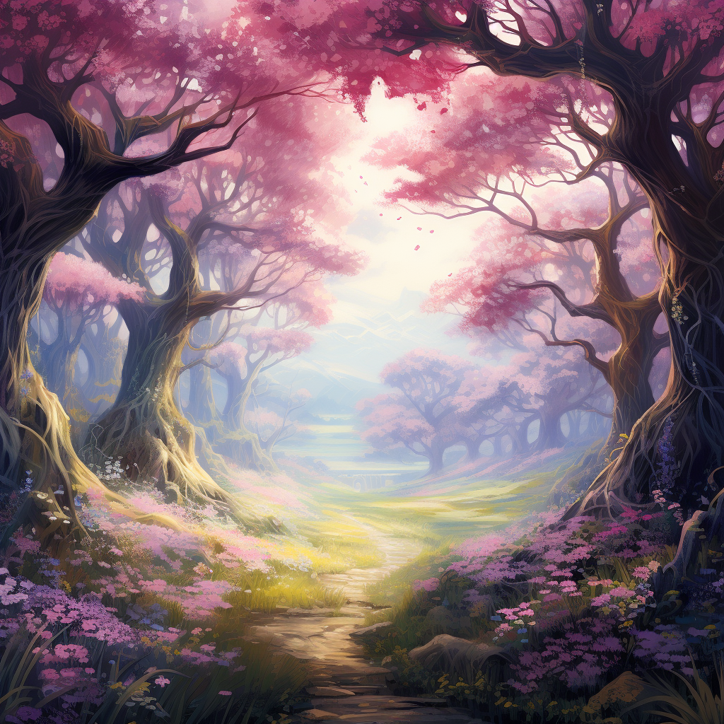 Beautiful fantasy forest with oak trees and magical flowers