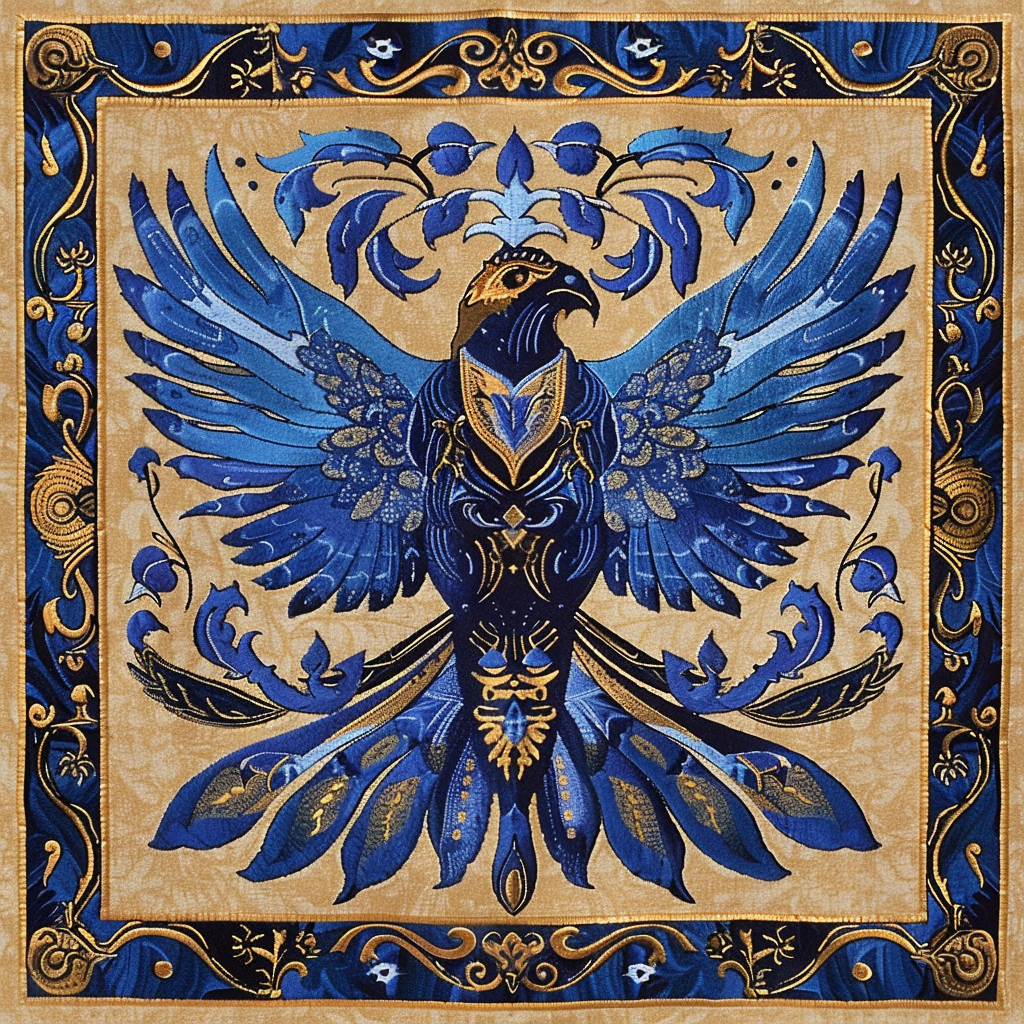 Tapestry of hawk in azure blue