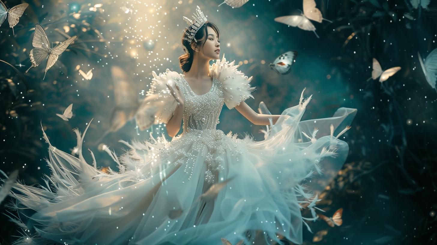 Fantasy fashion model floating with butterflies