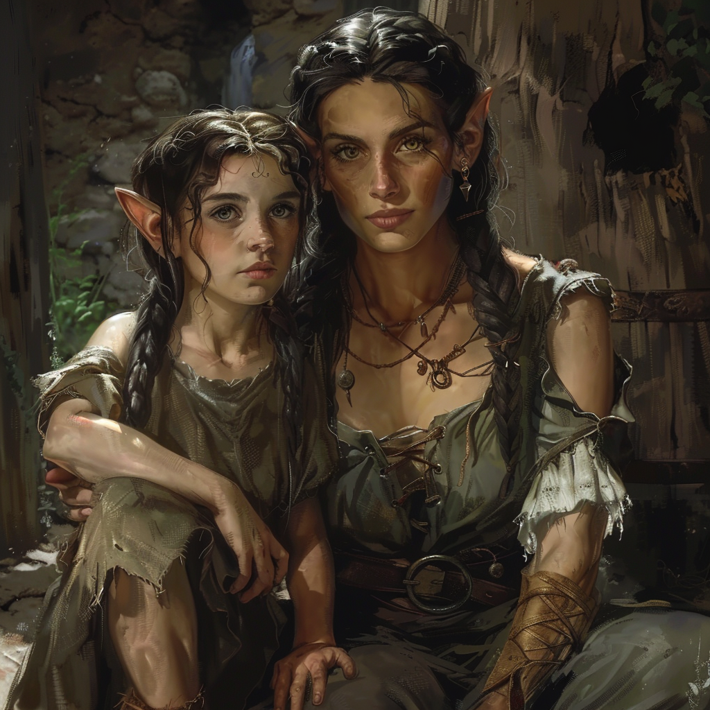 Dark-haired female elf and daughter