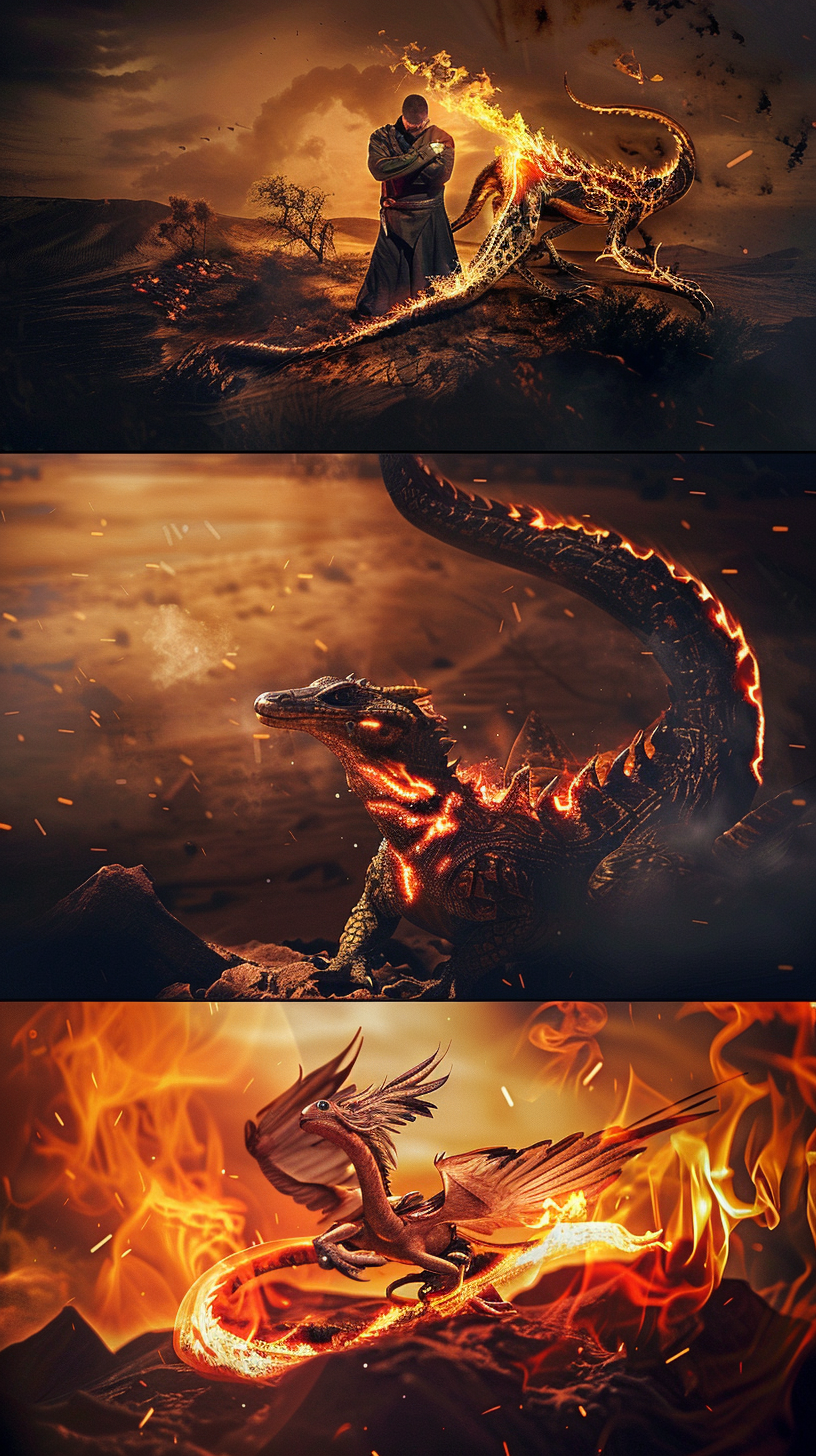 Epic fantasy fire creatures triptych