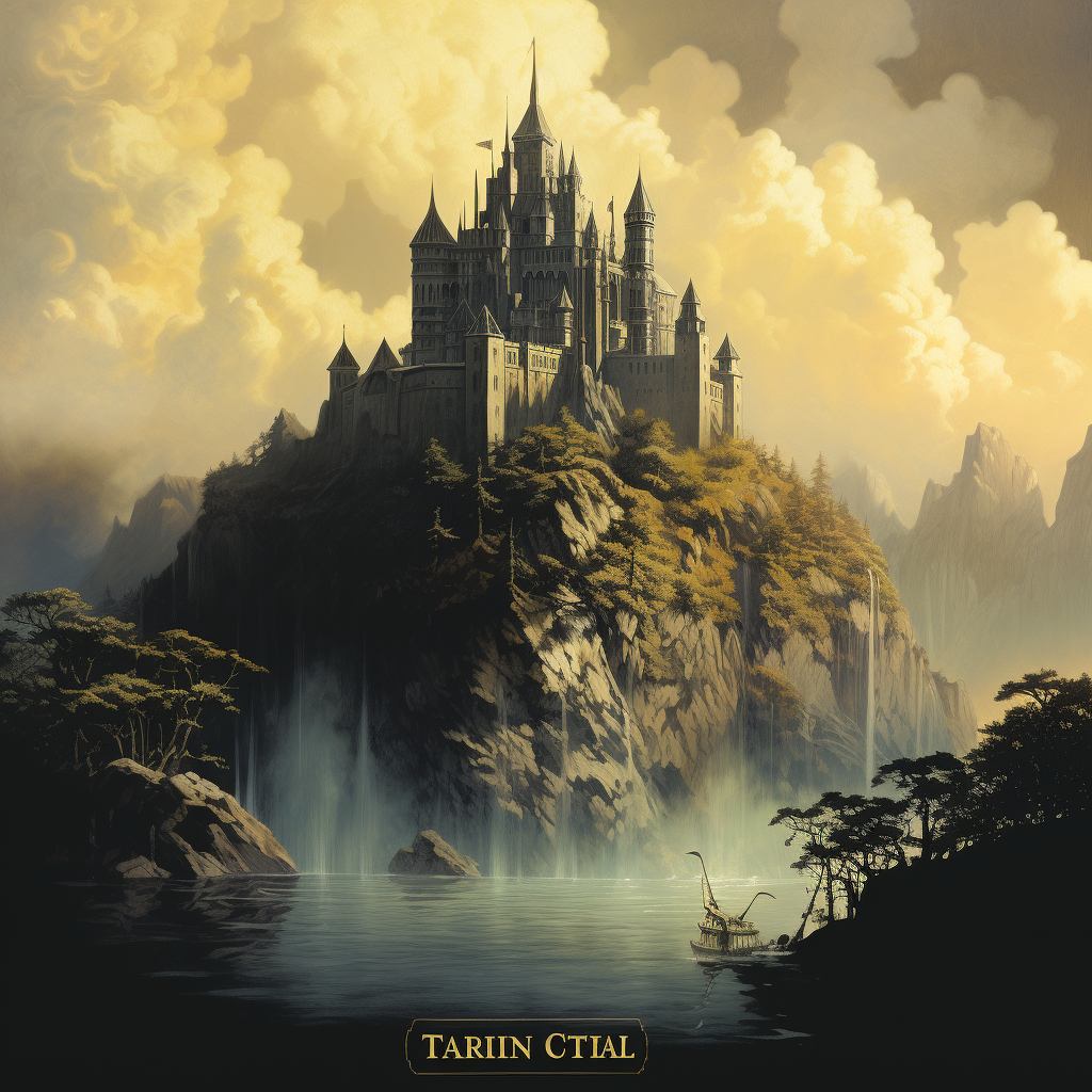 Dark fantasy book cover with floating island castle.