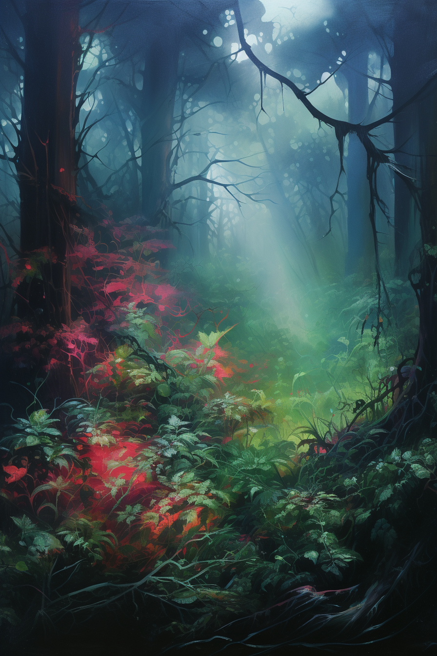 Vivid fantasy forest close-up painting