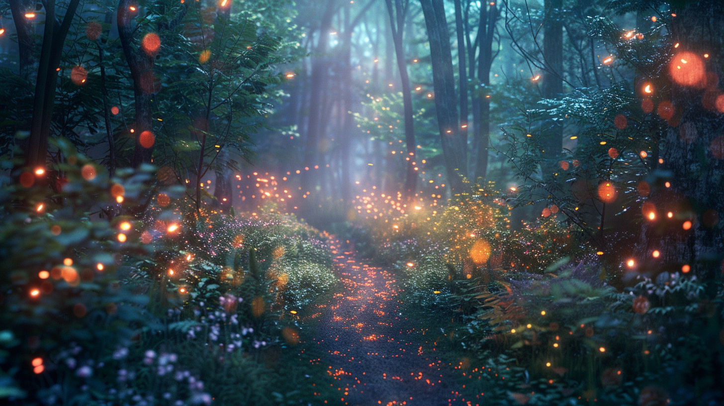 Fantasy forest with glowing fireflies