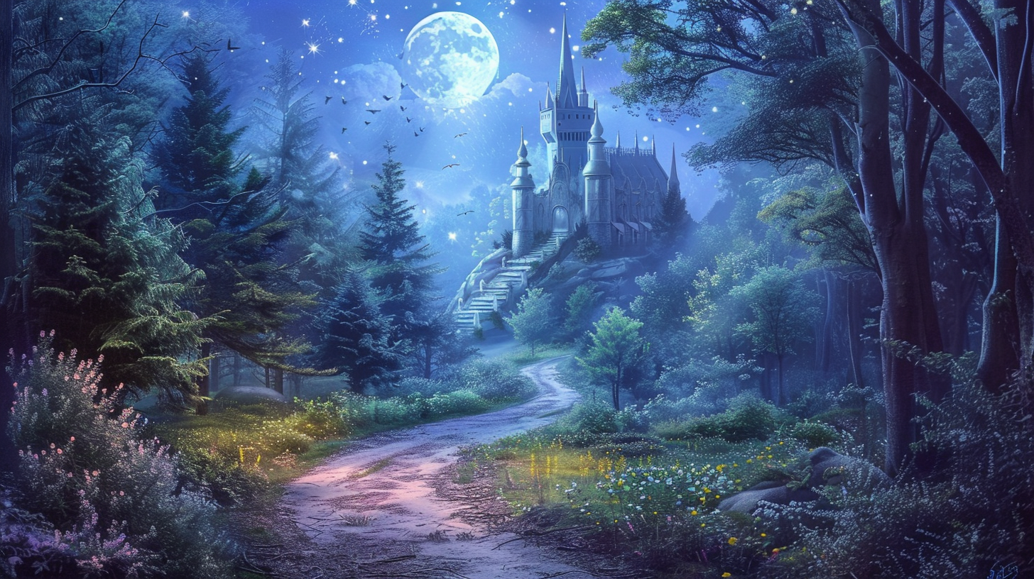 Nighttime fantasy forest path castle