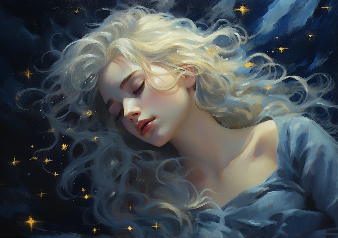 Fantasy girl with moonlit hair and starry sky painting