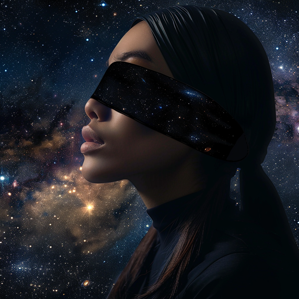 Goddess wearing blindfold with galaxy background